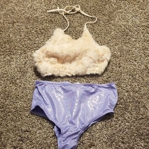 iHeartRaves Cream Fuzzy Halter Top with Shimmery Lavender High-Waist Bottoms